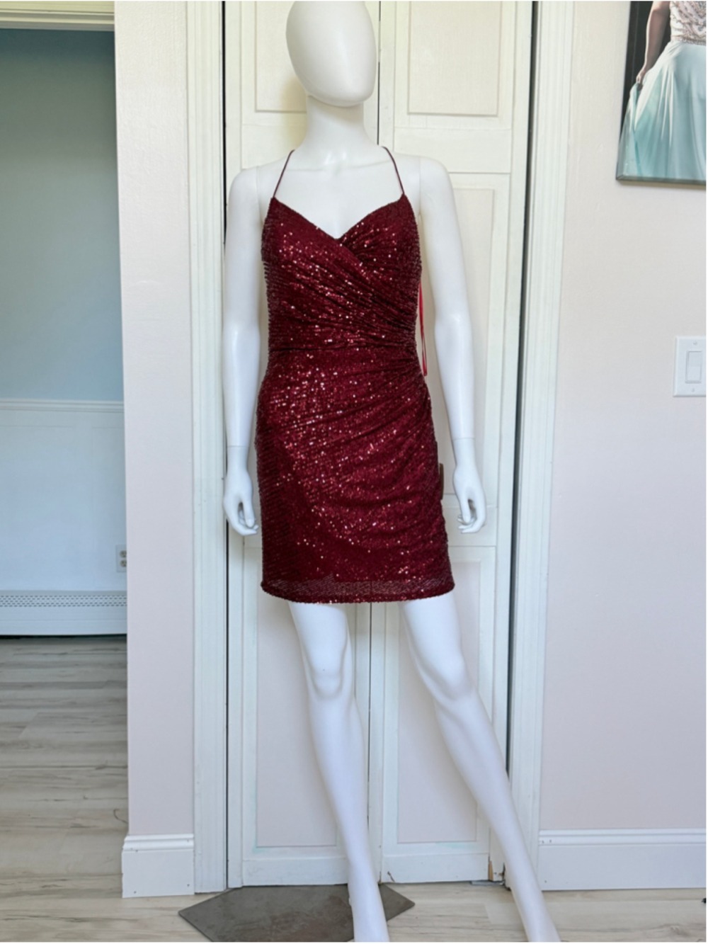 Size 6 Amelia Couture Burgundy Sequin Mini Dress Homecoming Hoco Tie Up Back